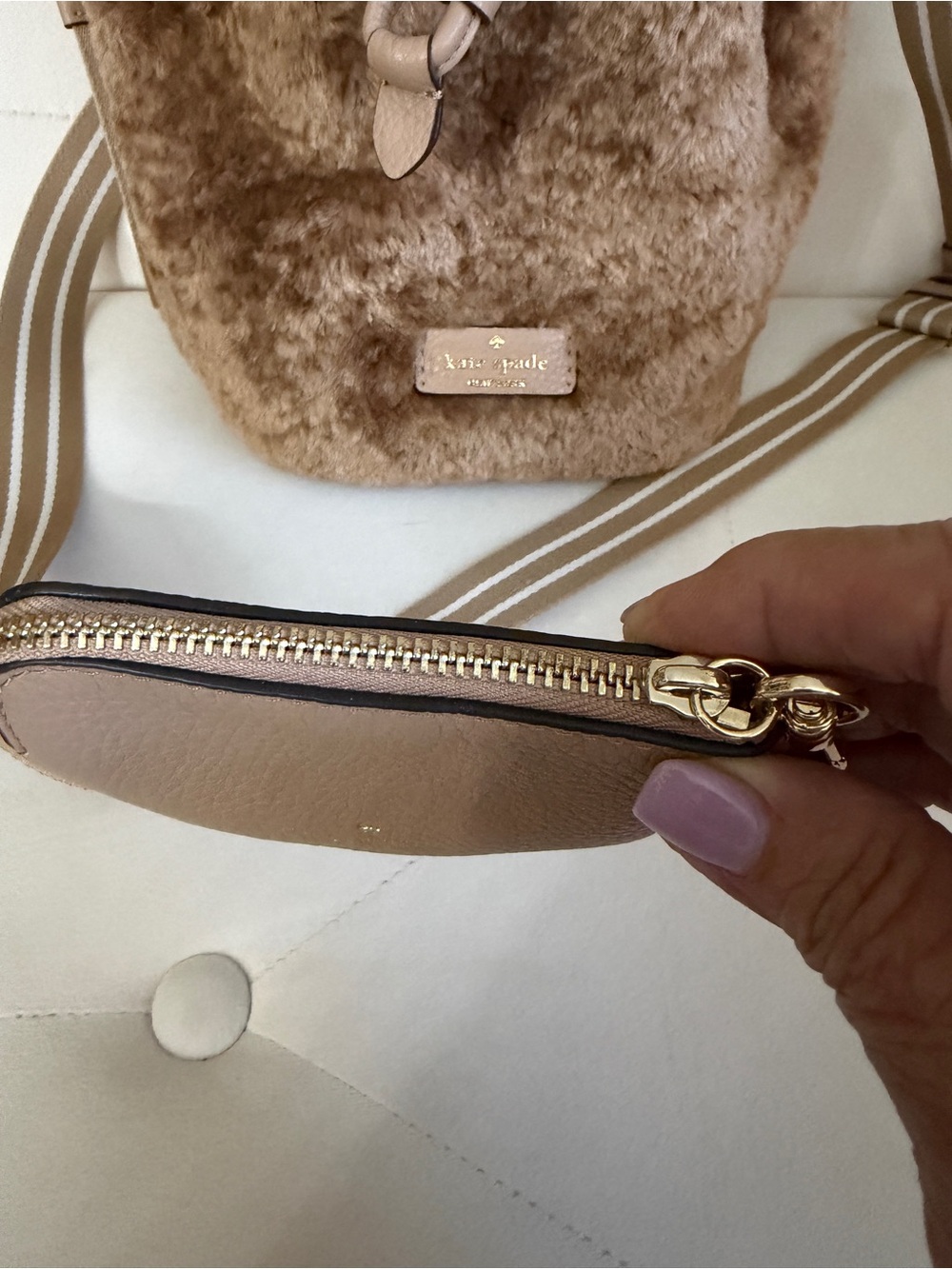 kate spade Brown Faux Fur Drawstring Crossbody w/Striped Strap with coin purse - Picture 7 of 9